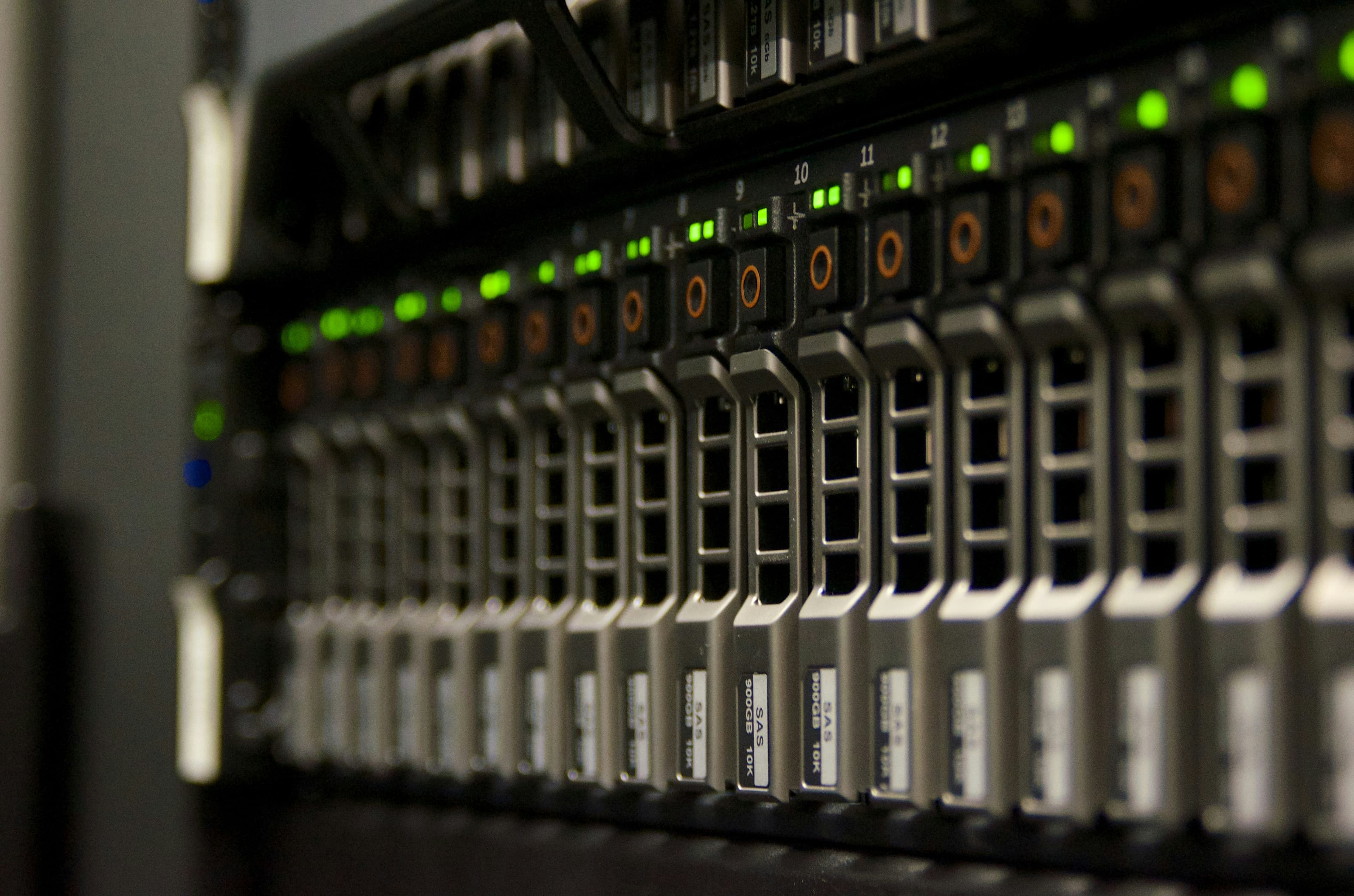 Representative close-up photograph of illuminated server rack hardware.